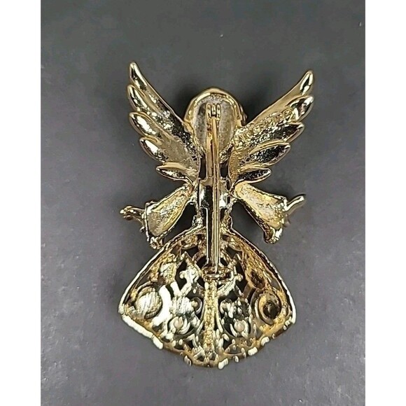 Vintage TANCER II Signed Angel Brooch Gold Tone Red & Green Rhinestones - Picture 2 of 4